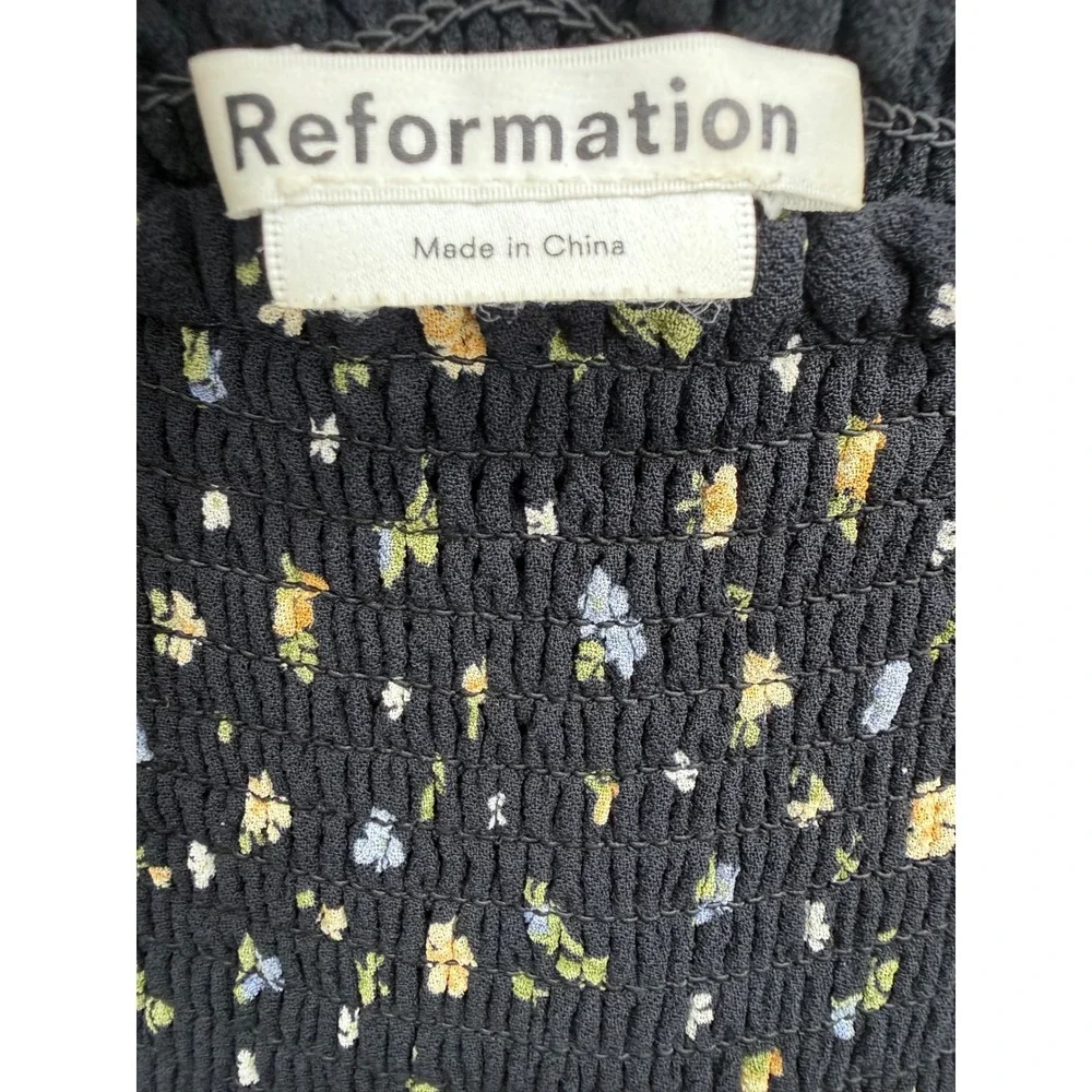 Reformation Pinto Smocked Top Womens Size Medium Black Ditsy Floral Puff Sleeve